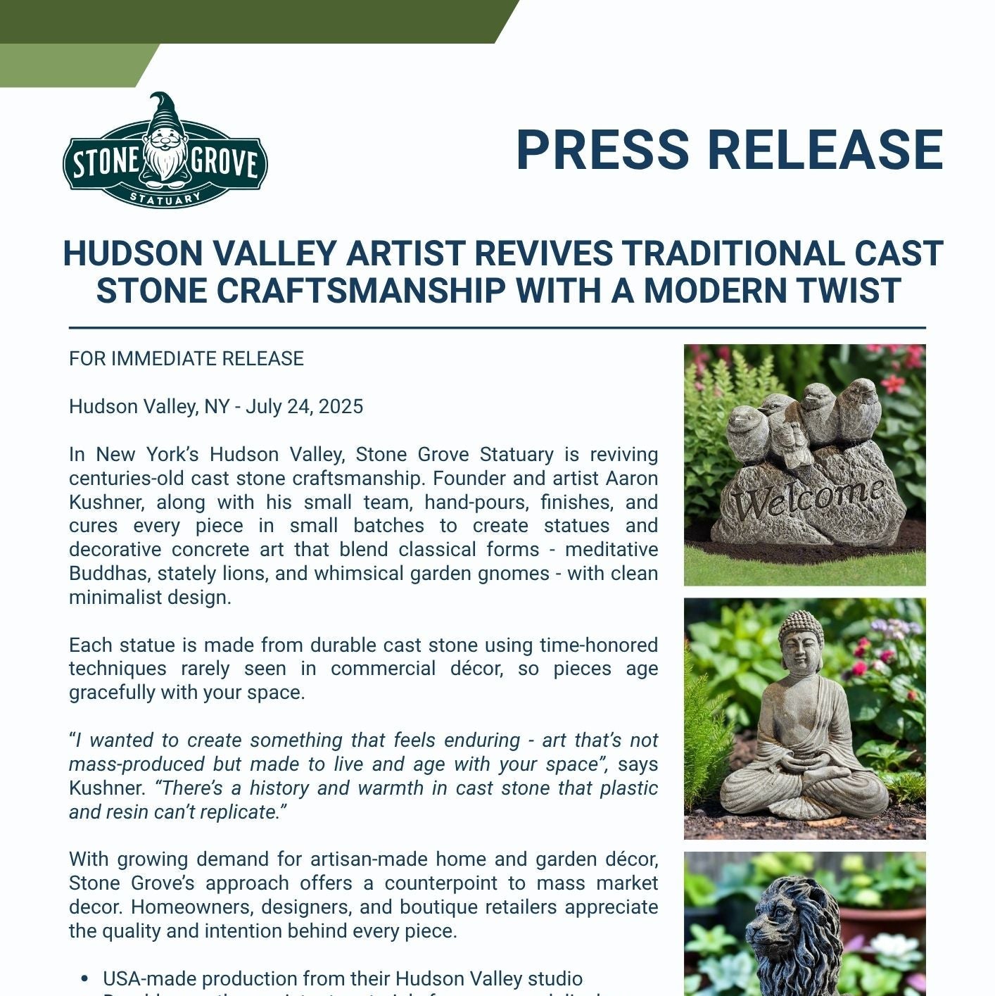 Press release about Hudson Valley artist reviving traditional cast stone craftsmanship with a modern twist.